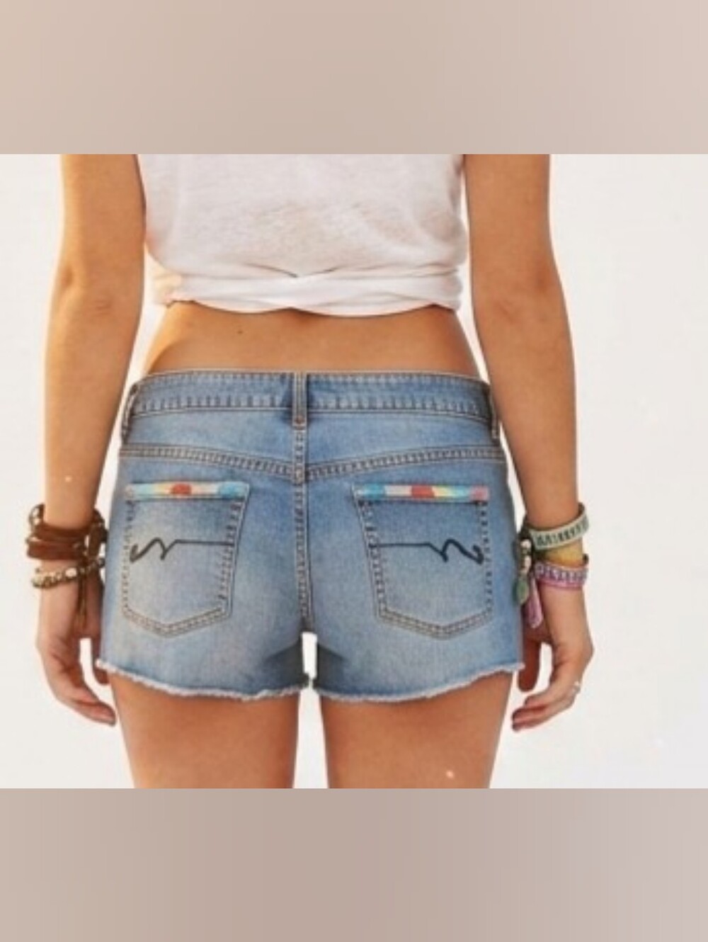 Lowrise Light Denim Jean Shorts with Rainbow Pocket Accent